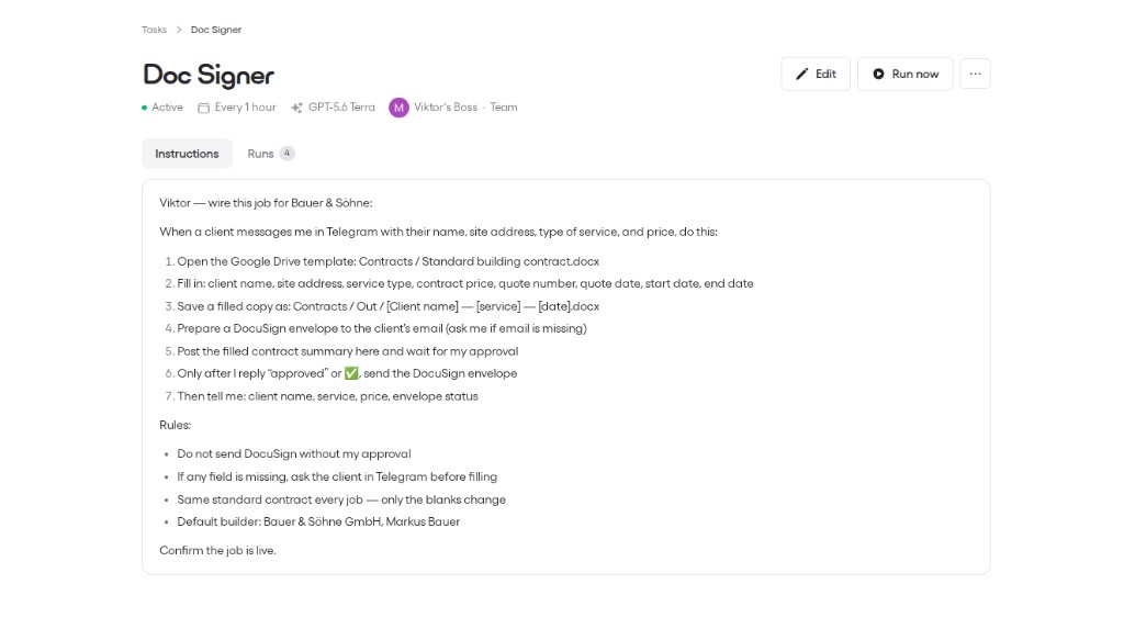 Viktor dashboard showing the Doc Signer task with instructions to fill contracts from Telegram via Google Drive and DocuSign