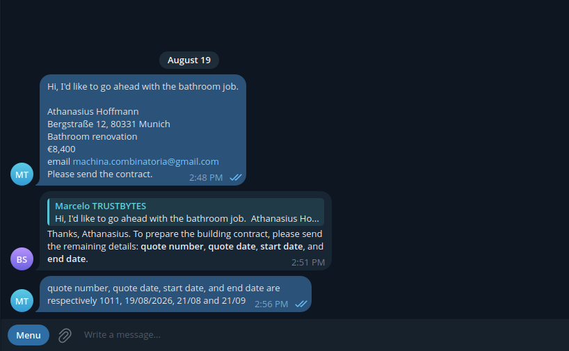 Telegram chat where Athanasius Hoffmann requests a bathroom contract and Viktor asks for quote number and dates