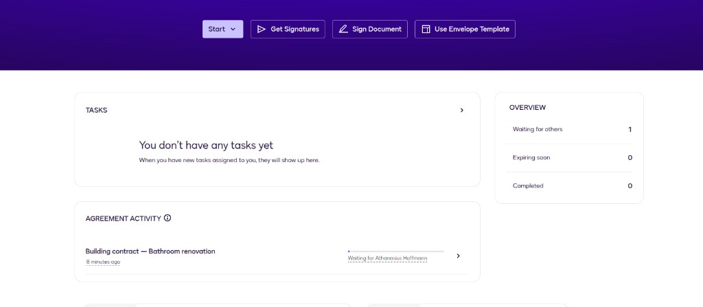 DocuSign dashboard showing Building contract bathroom renovation waiting for Athanasius Hoffmann signature