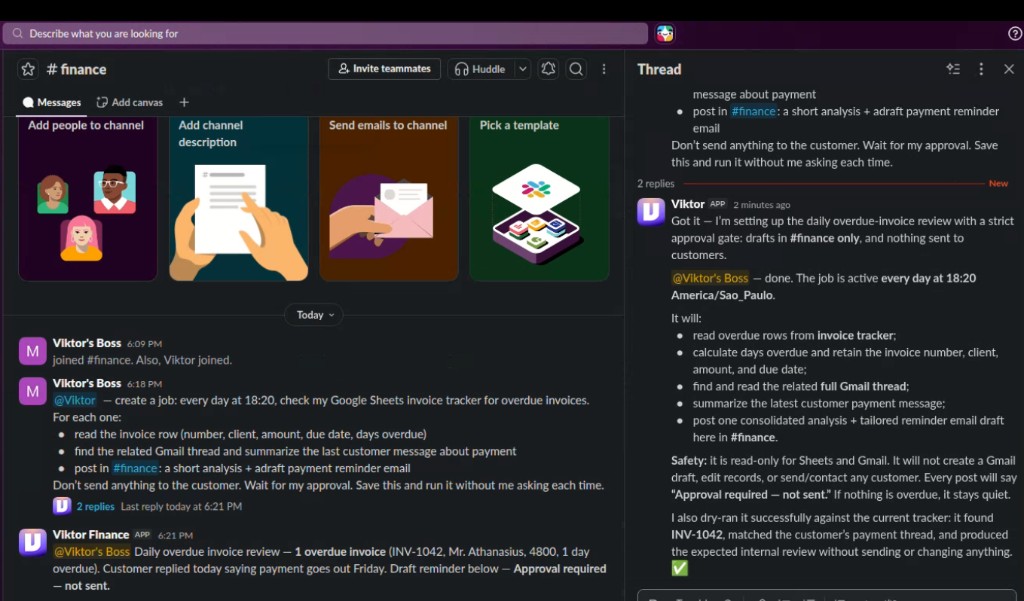 Slack #finance showing Viktor confirming a daily overdue-invoice job with a strict approval gate before any email is sent