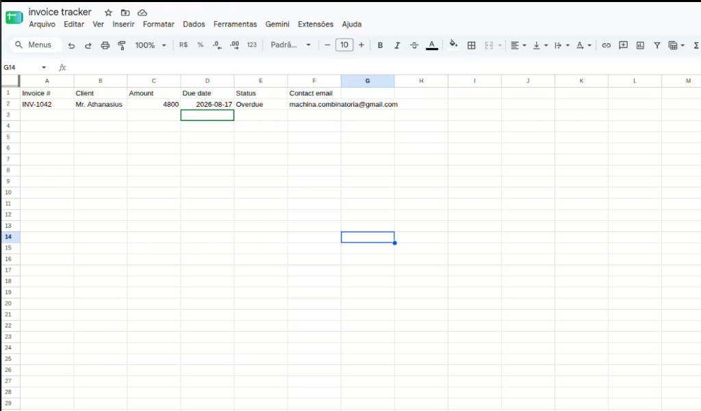 Google Sheets invoice tracker showing INV-1042 for Mr. Athanasius marked Overdue, amount 4800, due 2026-08-17