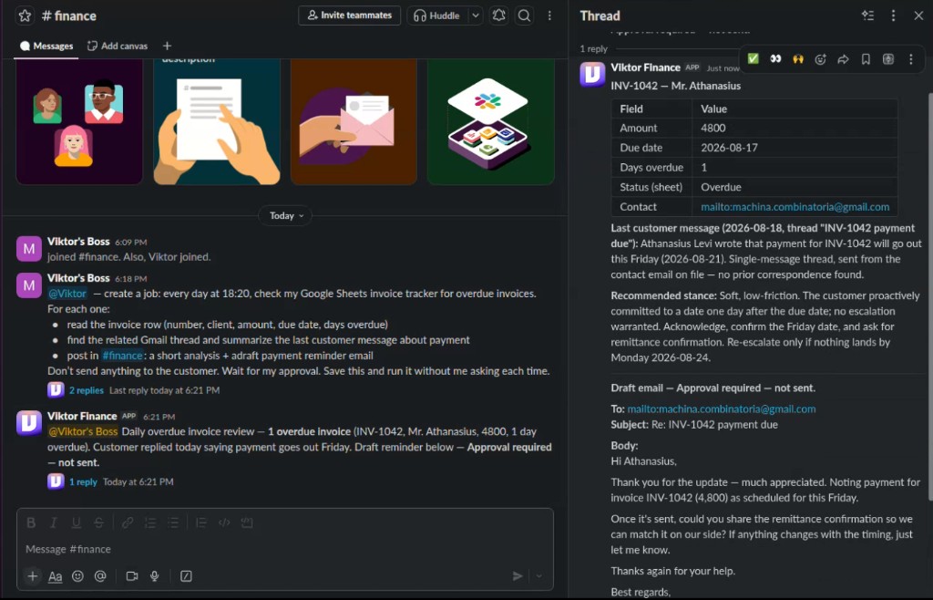 Slack thread where Viktor Finance posts overdue invoice analysis and a draft payment reminder for INV-1042, marked approval required not sent