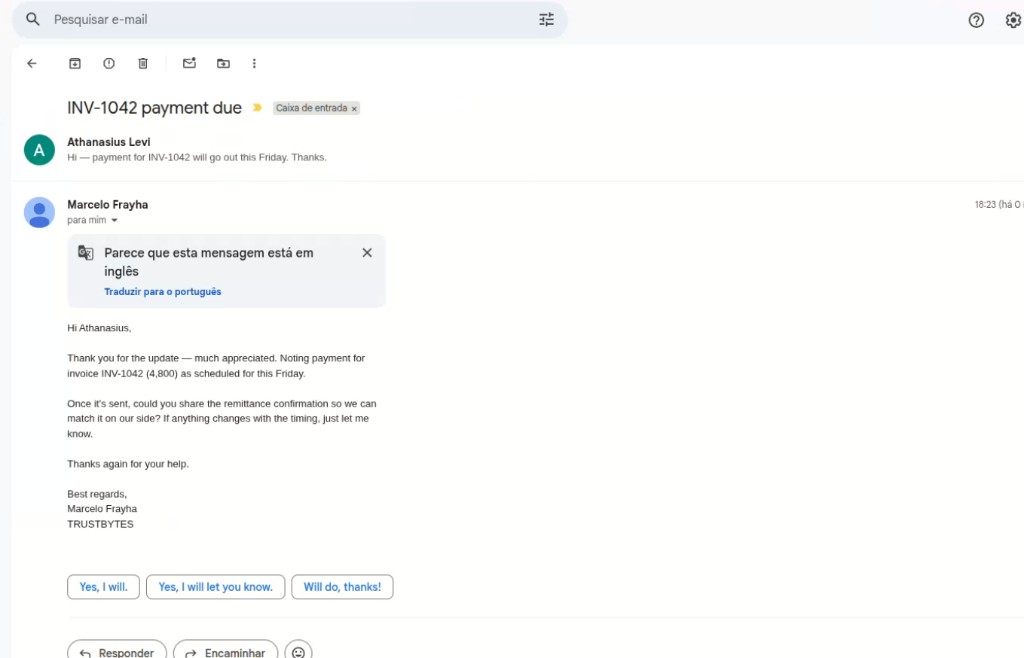 Gmail showing a sent TRUSTBYTES payment follow-up for invoice INV-1042 to Athanasius Levi