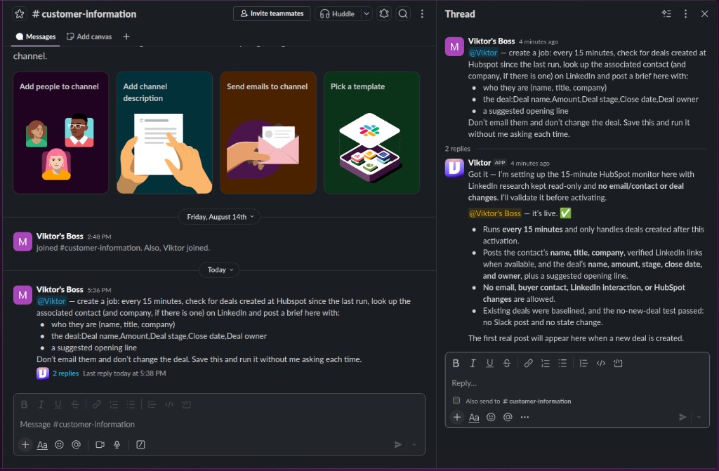 Slack #customer-information: Viktor bestätigt einen 15-Minuten-HubSpot-Deal-Monitor