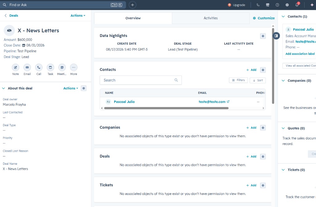 HubSpot-Deal X - News Letters mit Betrag, Phase, Close-Datum und Kontakt Pascoal Julio