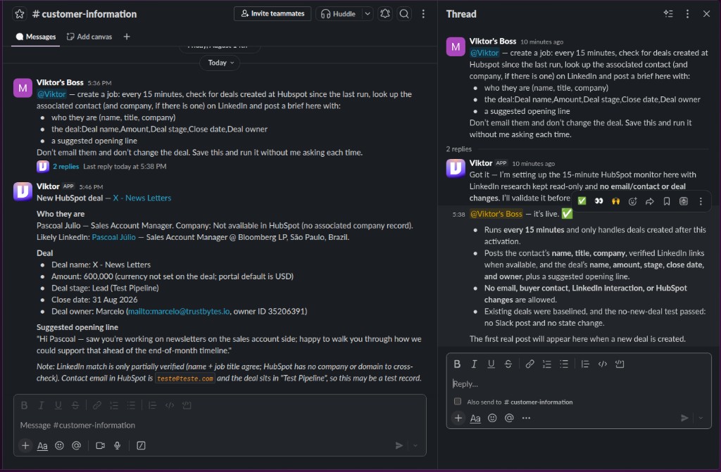 Viktor postet ein HubSpot-Deal-Briefing zu X - News Letters in Slack