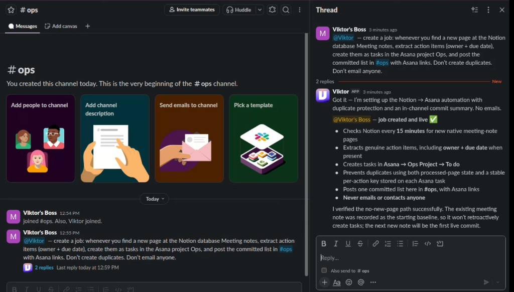 Slack #ops showing Viktor confirming a live Notion to Asana job with duplicate protection and no emails