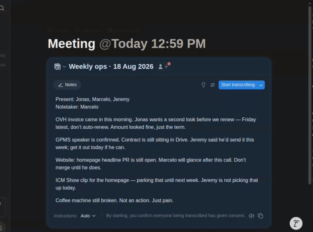Notion meeting note Weekly ops 18 Aug with messy notes covering OVH, GPMS, and a homepage PR