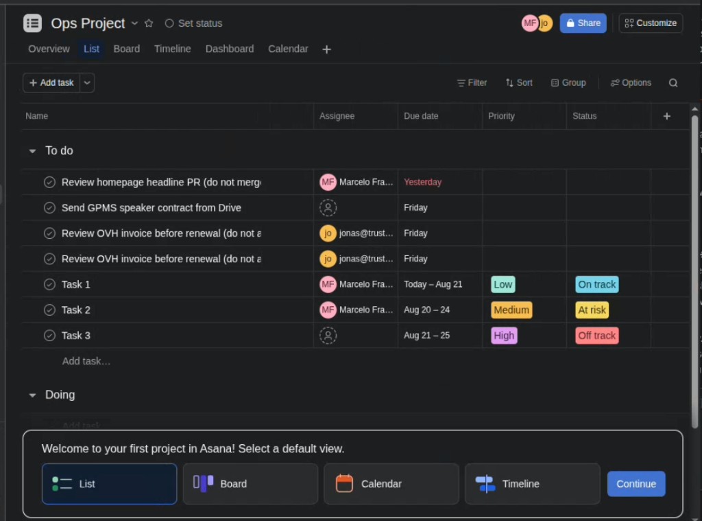 Asana Ops Project To do list with OVH review, GPMS contract, and homepage PR tasks Viktor created