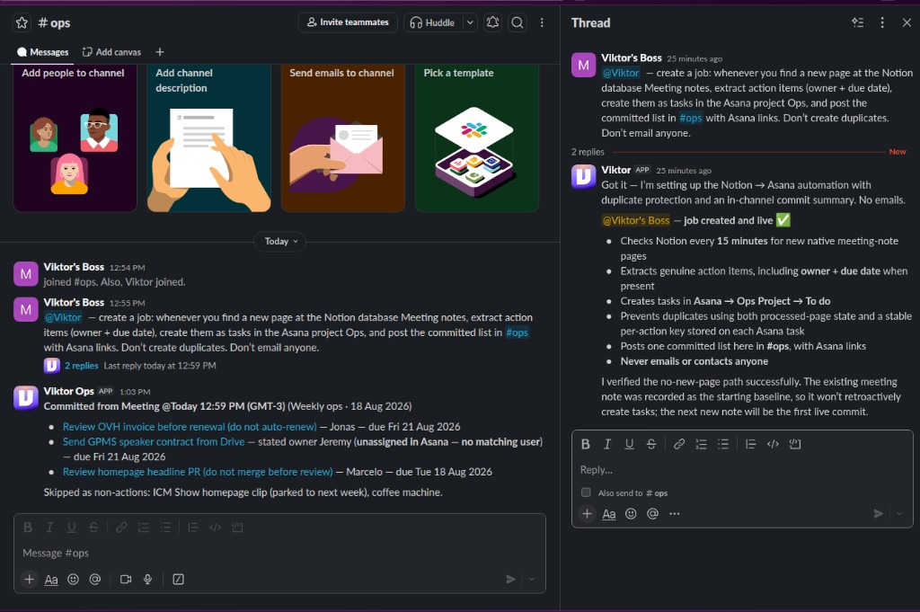 Viktor posting the weekly ops committed list in Slack #ops with Asana task links
