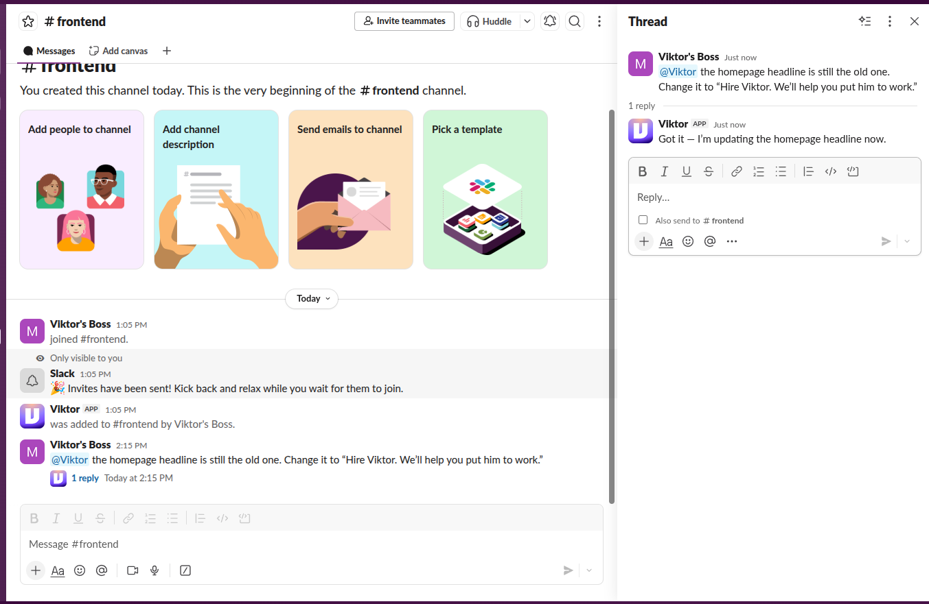Slack #general showing a founder asking Viktor to update the homepage headline