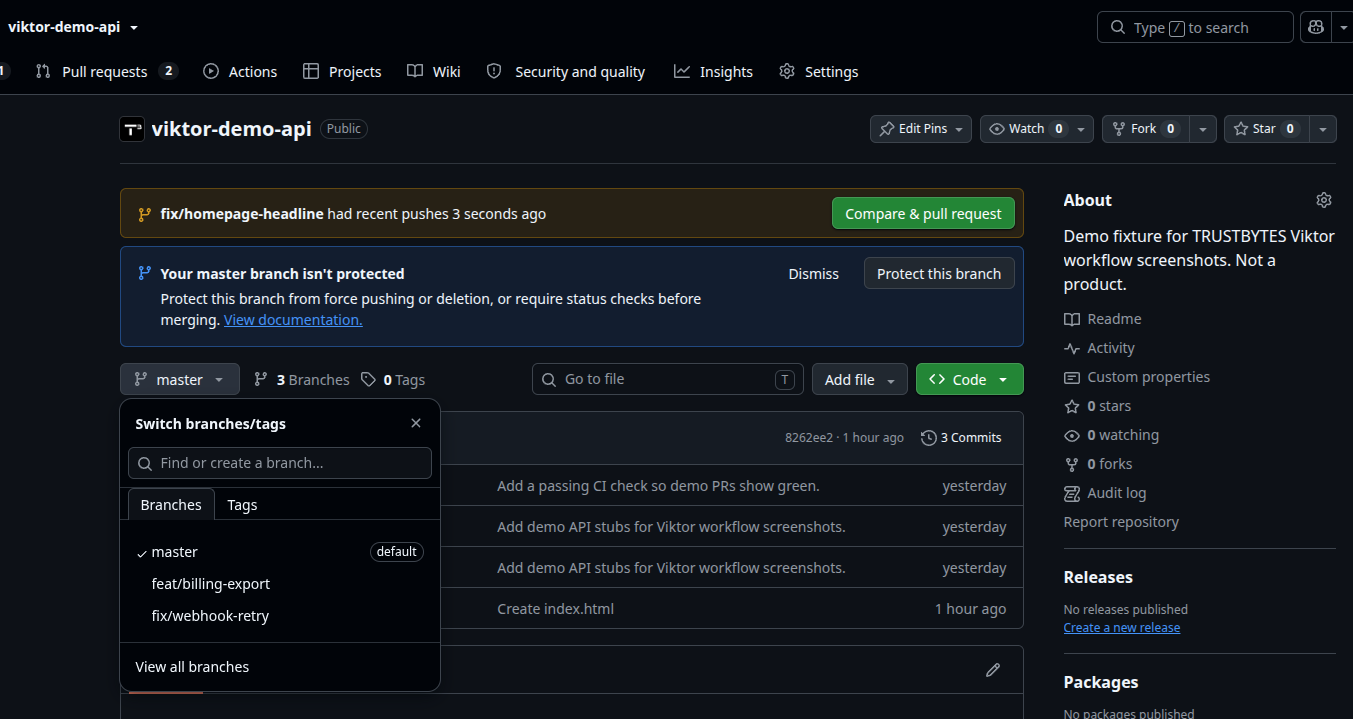 GitHub showing a new branch and the homepage headline file edited