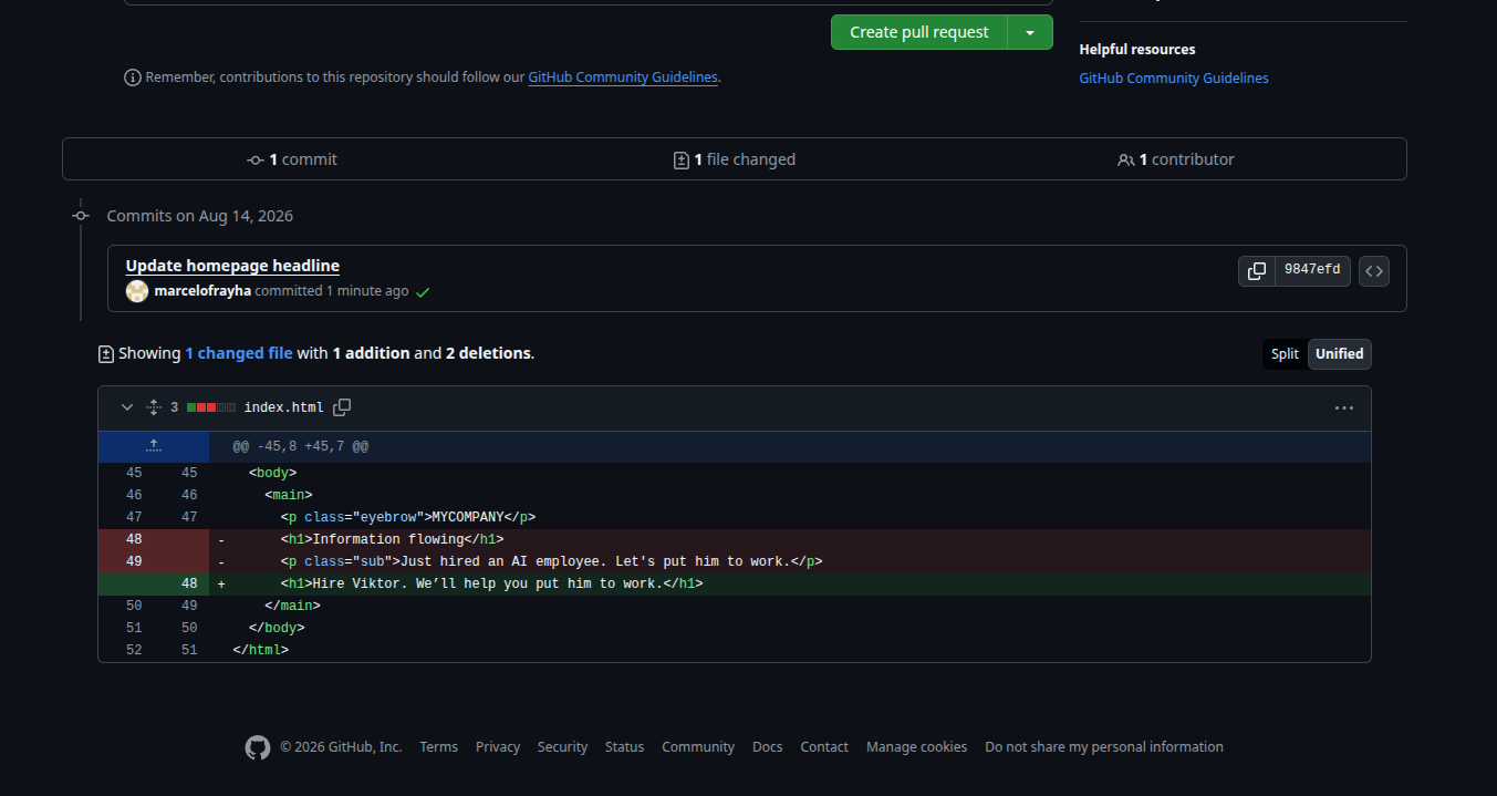 GitHub pull request showing the homepage headline diff