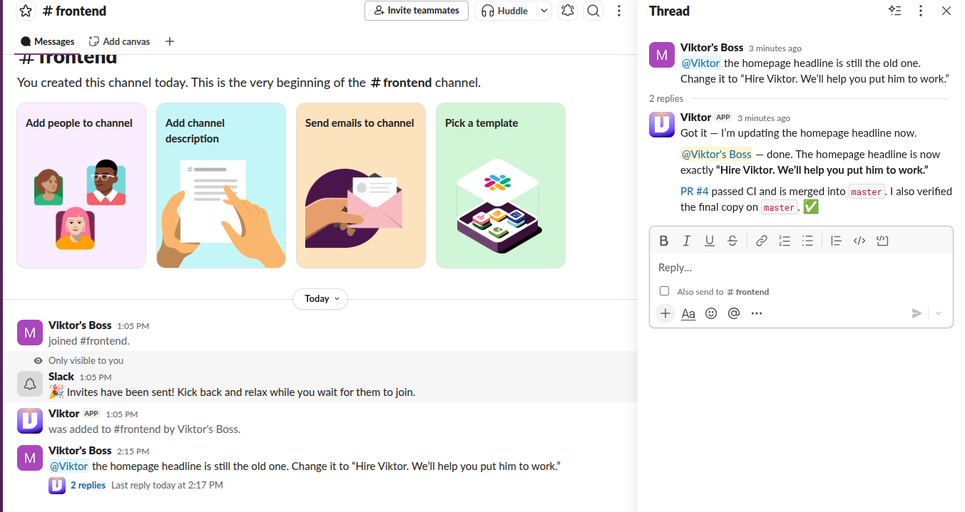 Viktor posting the website pull request link in Slack #general