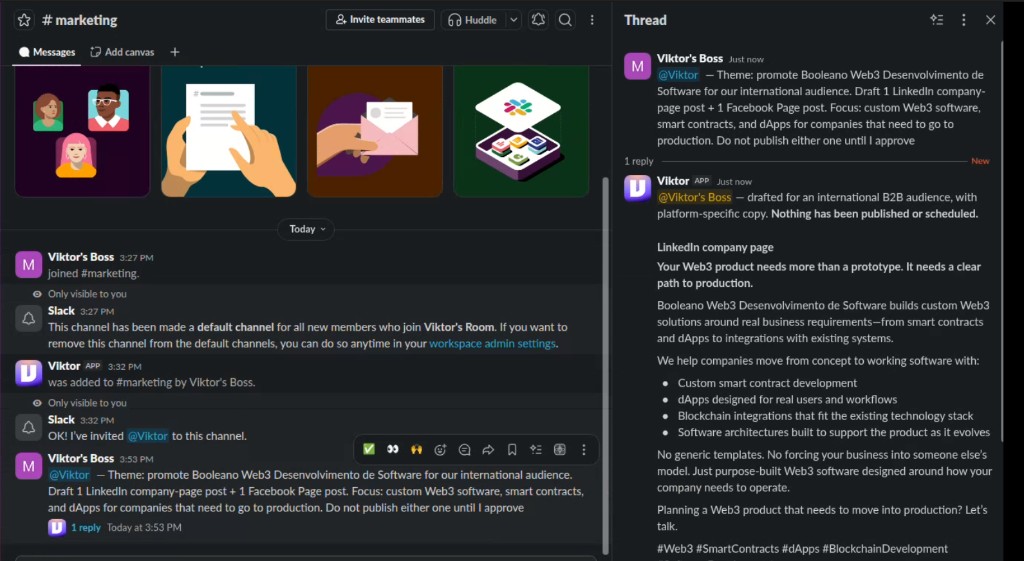 Slack #marketing showing a brief asking Viktor to draft Booleano LinkedIn and Facebook posts and wait for approval