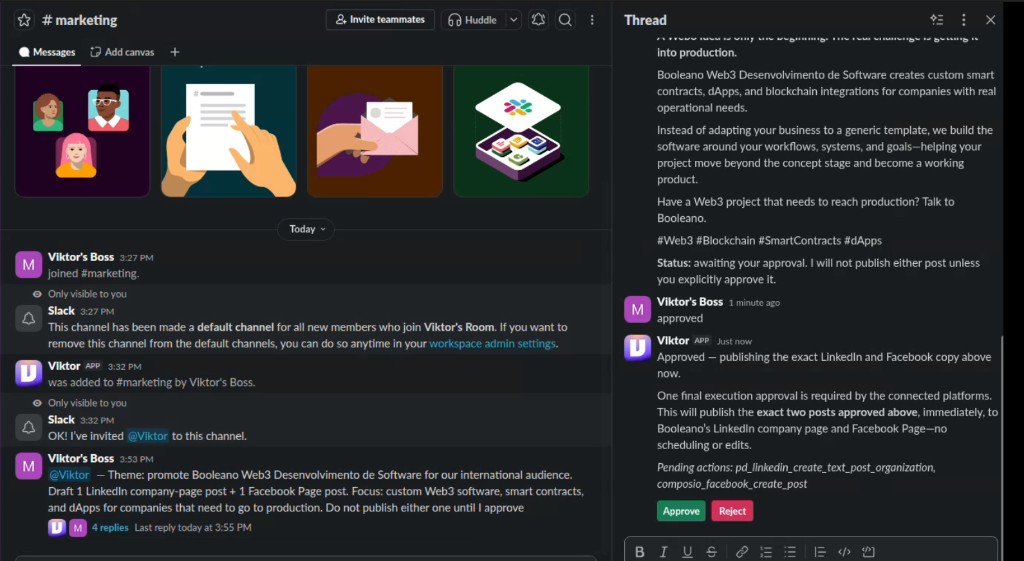 Slack thread where Viktor drafts Booleano posts, the founder replies approved, and Viktor asks for a final publish confirmation