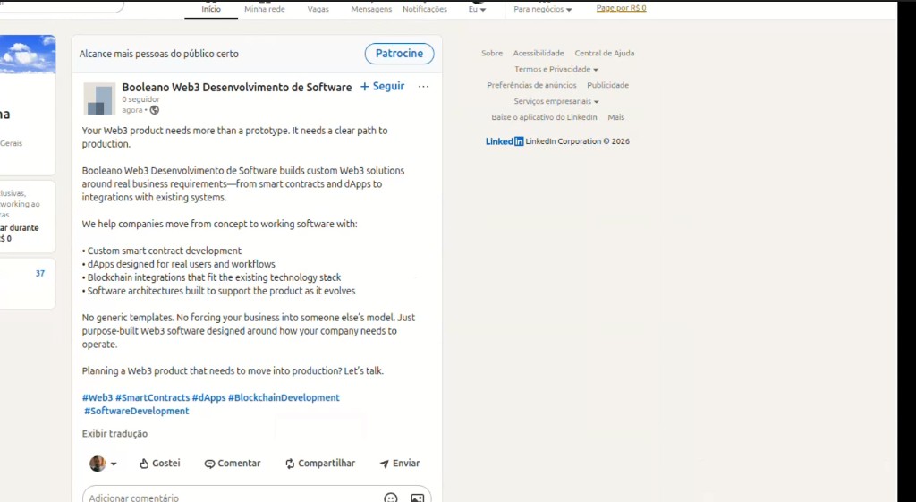 LinkedIn company page post from Booleano Web3 Desenvolvimento de Software: Your Web3 product needs more than a prototype