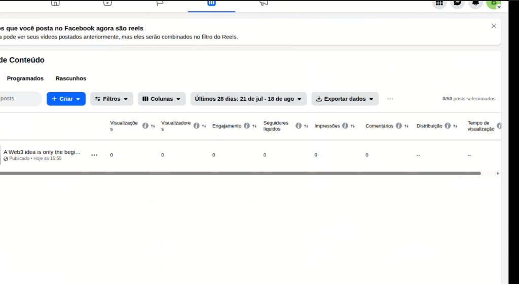 Meta Business Suite showing Booleano’s Facebook post published today: A Web3 idea is only the beginning
