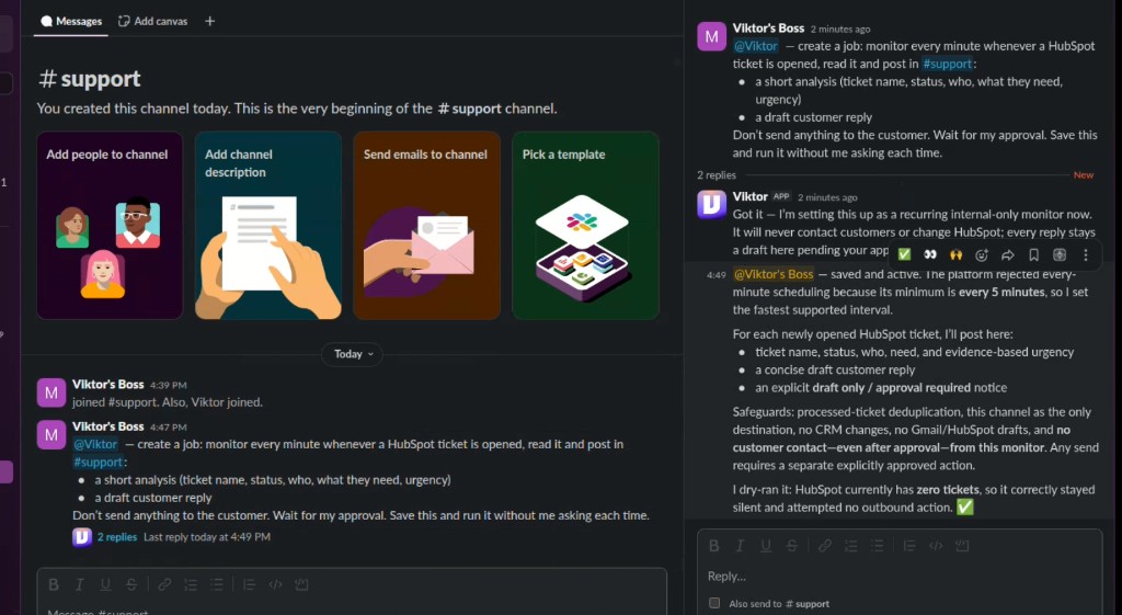 Slack #support showing Viktor confirming a 5-minute HubSpot ticket monitor that posts analysis and a draft reply for approval