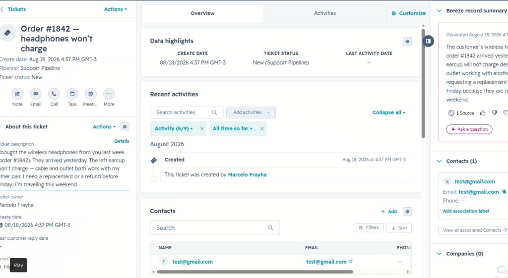 HubSpot ticket Order #1842 showing wireless headphones that won’t charge, status New, priority High