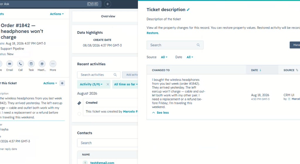 HubSpot ticket description: left earcup won’t charge, customer wants a replacement or refund before Friday