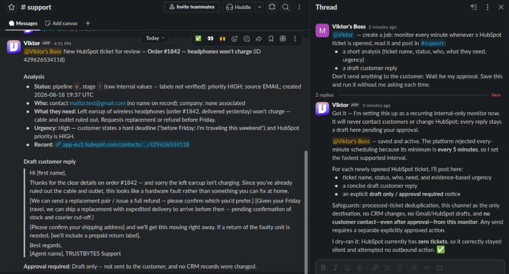Viktor posting an analysis and draft TRUSTBYTES Support reply for Order #1842 in Slack #support, marked draft only